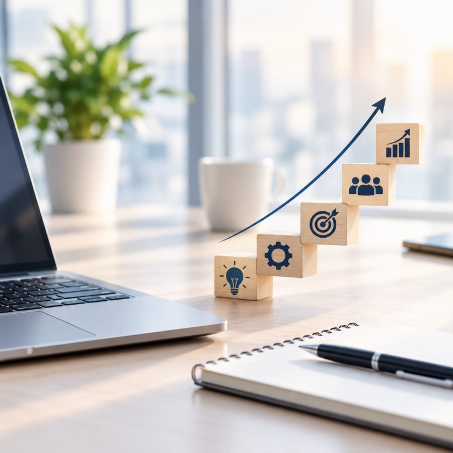 Wooden blocks with idea, process, target, team and growth icons rising step by step on a desk