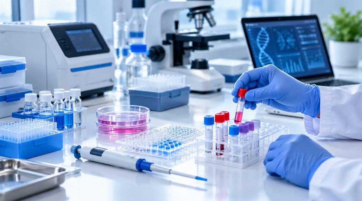 IVD laboratory: gloved hand holding a blood sample tube beside analysers, microscope and sample racks
